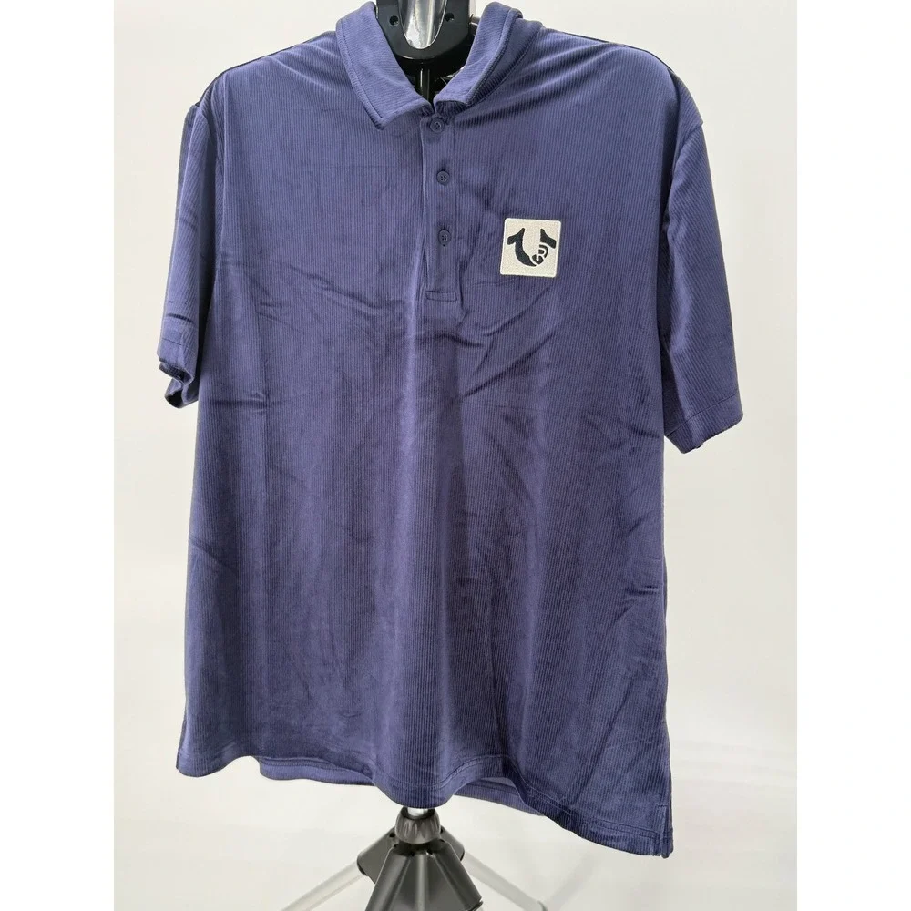 NWT True Religion Velour Polo Shirt Mens XL Eclipse Blue Short Sleeve Logo Patch - Picture 1 of 6